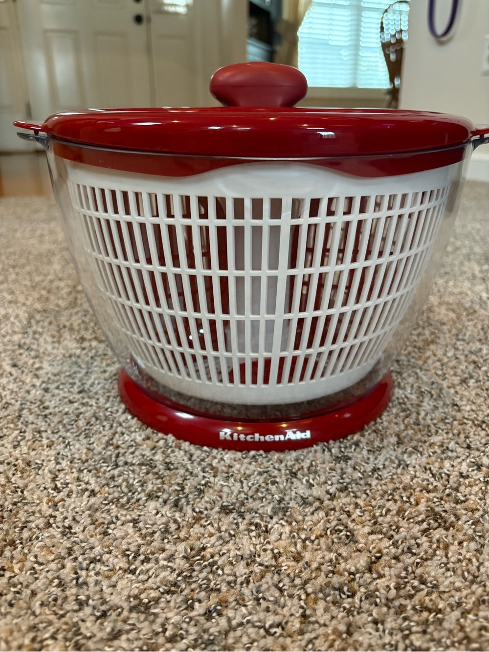 KitchenAid Red and White Salad Spinner with Clear Outer Bowl